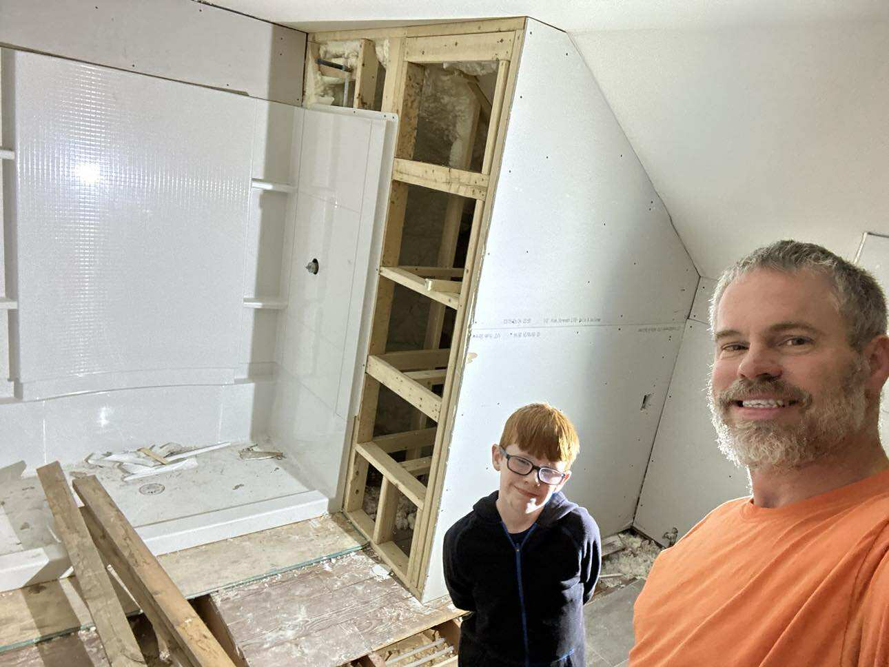 Drywall installation with tools on site